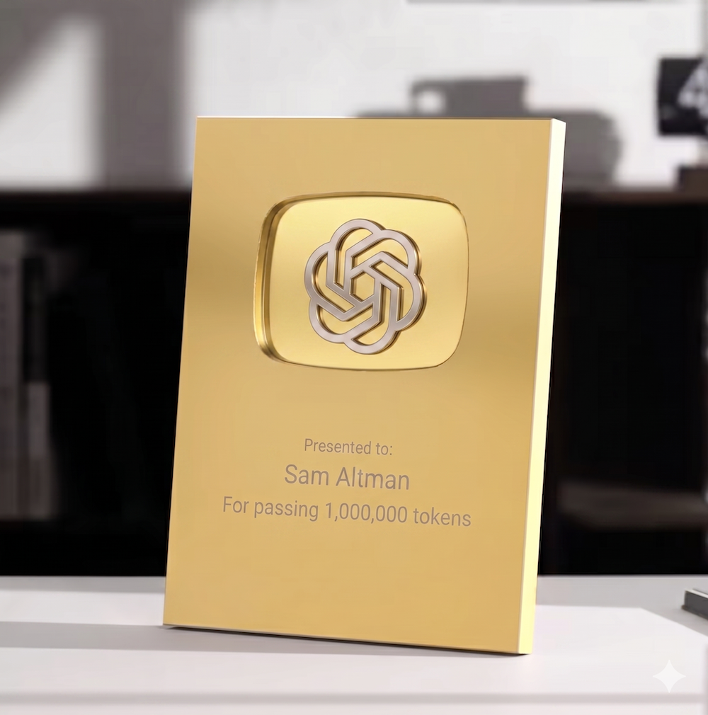 Custom gold commemorative trophy for AI milestones on desk